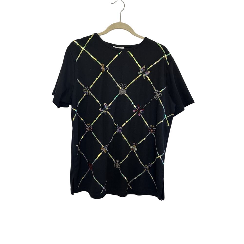 90s Quacker Factory Sequin Beaded Insect Bugs Black Short Sleeve Top L Ladybug